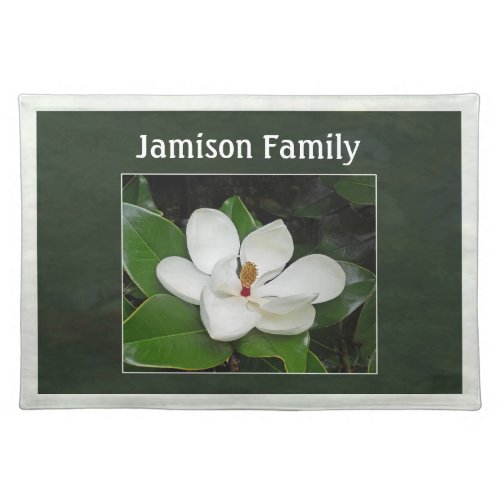 Magnolia Blossom dark border with Personal Name Cloth Placemat