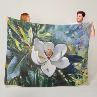 Magnolia Blossom Oil Painting of Nature’s Harmony Fleece Blanket