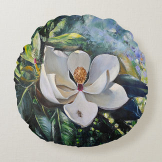 Magnolia Blossom Oil Painting of Nature’s Harmony Round Pillow