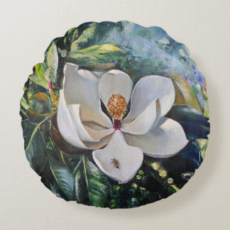 Magnolia Blossom Oil Painting of Nature’s Harmony Round Pillow
