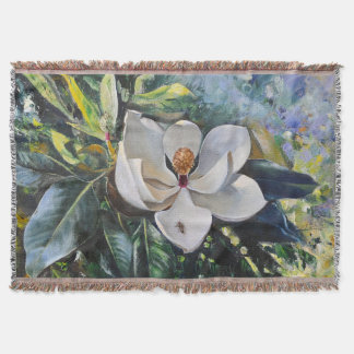 Magnolia Blossom Oil Painting of Nature’s Harmony Throw Blanket