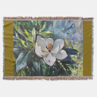 Magnolia Blossom Oil Painting of Nature’s Harmony Throw Blanket