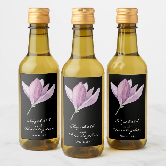 Magnolia Blossom on Black Wedding Mini Wine Label (Bottles)