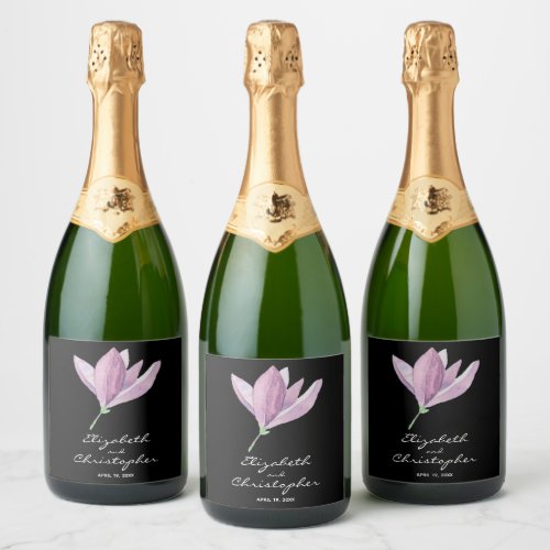 Magnolia Blossom on Black Wedding Sparkling Wine Label