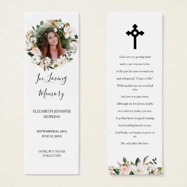 Magnolia Blossom Photo Funeral Poem Bookmark Card | Zazzle