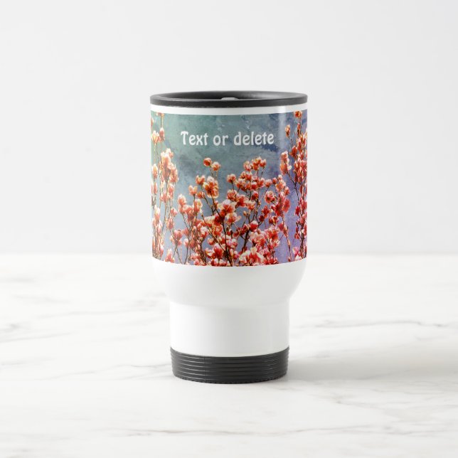 Magnolia Blossoms Blue Sky Floral Art Personalized Travel Mug (Center)
