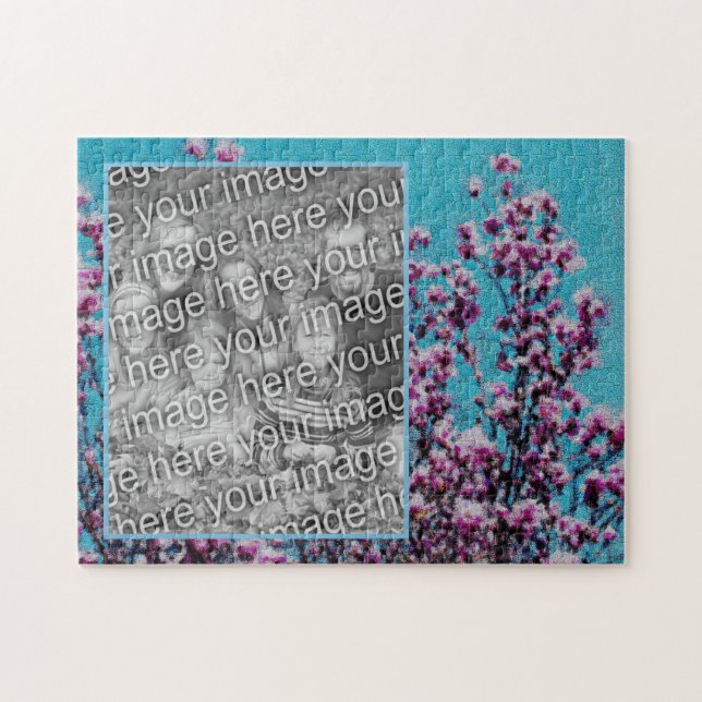 Magnolia Blossoms Blue Sky Painting Add Your Photo Jigsaw Puzzle (Horizontal)