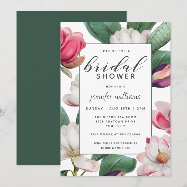 Magnolia Blossoms Boho Floral Bridal Shower Invitation (Front/Back)
