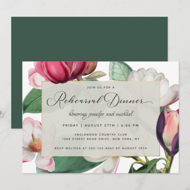 Magnolia Blossoms Elegant Floral Rehearsal Dinner Invitation (Front/Back)