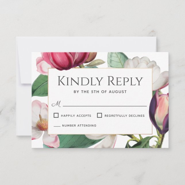 Magnolia Blossoms Elegant Floral Wedding RSVP (Front)