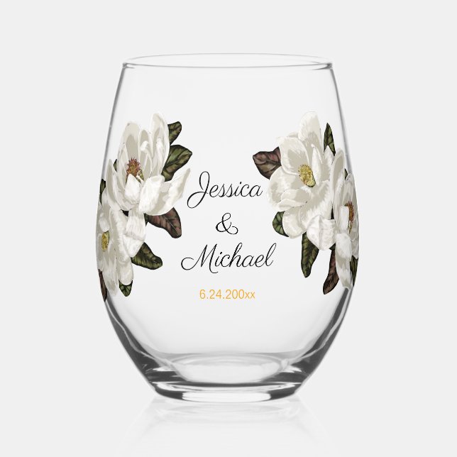Magnolia blossoms wedding stemless wine glass (Front)