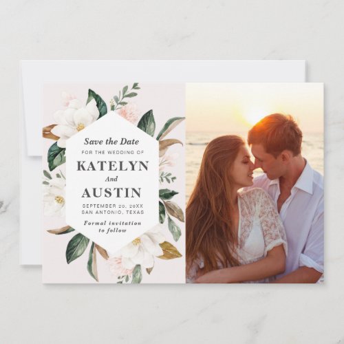 magnolia blush floral photo save the date