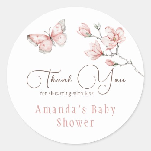 Magnolia Blush Pink Butterfly Baby Shower Favor Classic Round Sticker