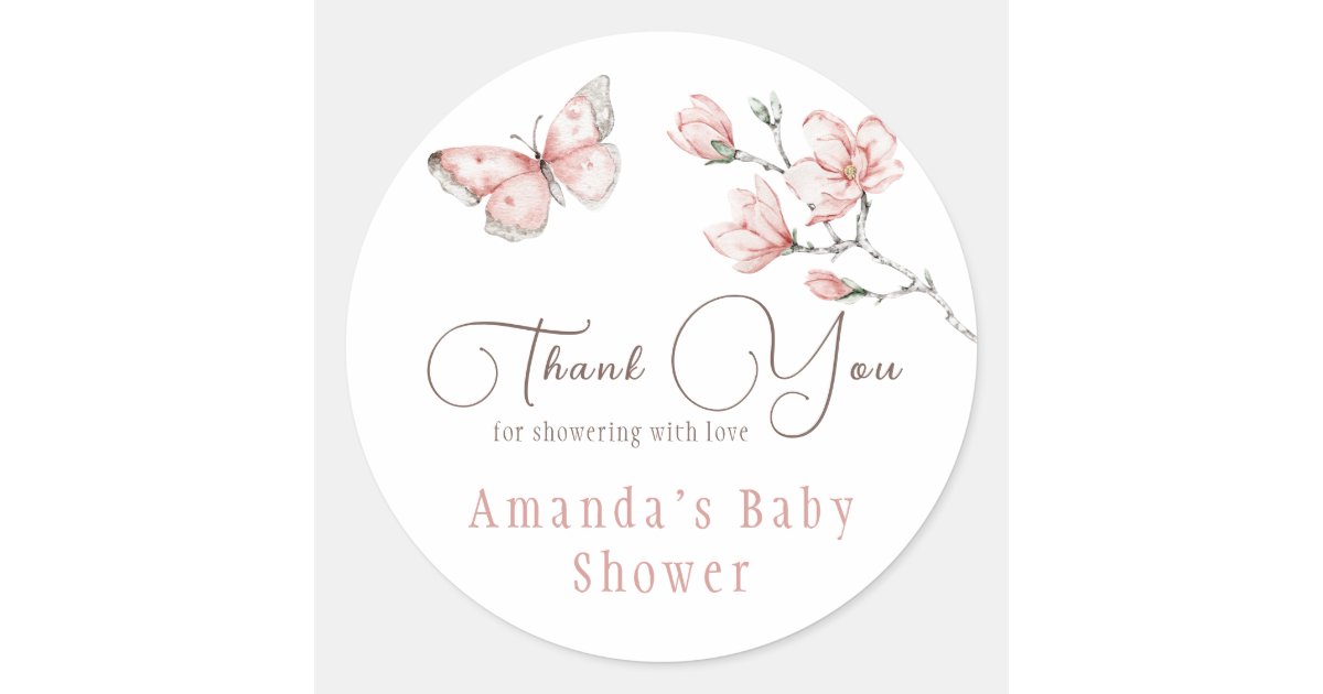 Magnolia Blush Pink Butterfly Baby Shower Favor Classic Round Sticker