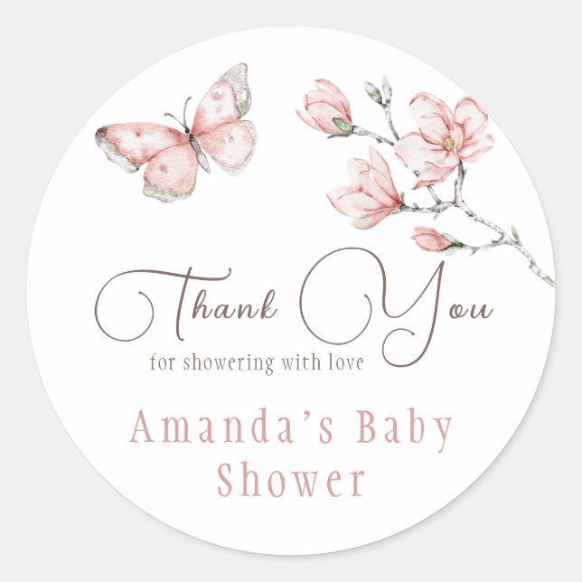 Magnolia Blush Pink Butterfly Baby Shower Favor Classic Round Sticker (Front)