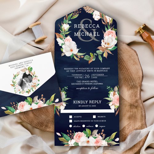 Magnolia Blush Pink Floral Wreath Navy Wedding All In One Invitation