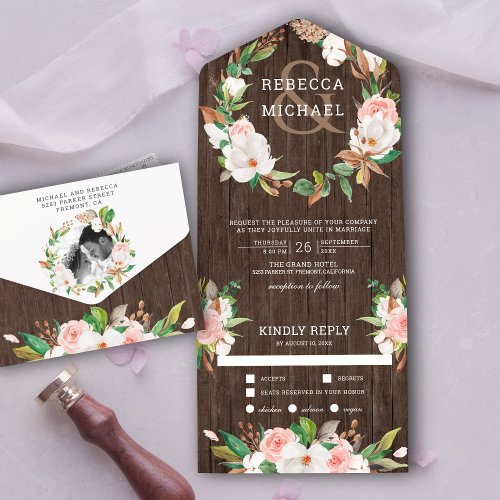 Magnolia Blush Pink Floral Wreath Wood Wedding All In One Invitation