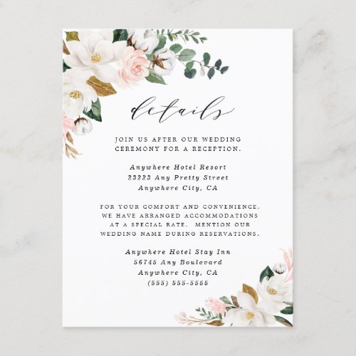 Magnolia Blush Pink Gold and White Floral Wedding Enclosure Card - Designs features elegant magnolia, peony rose, eucalyptus, greenery and other watercolor elements in white, blush pink or pink peach and more. The greenery features shades of dark and light green colors with some elements featuring gold, antique gold and copper.  You can erase the demo information and create your own personalized template.
