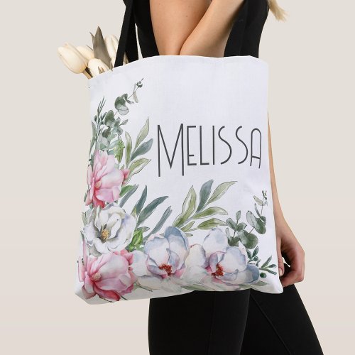 Magnolia Blush White Personalize  Tote Bag