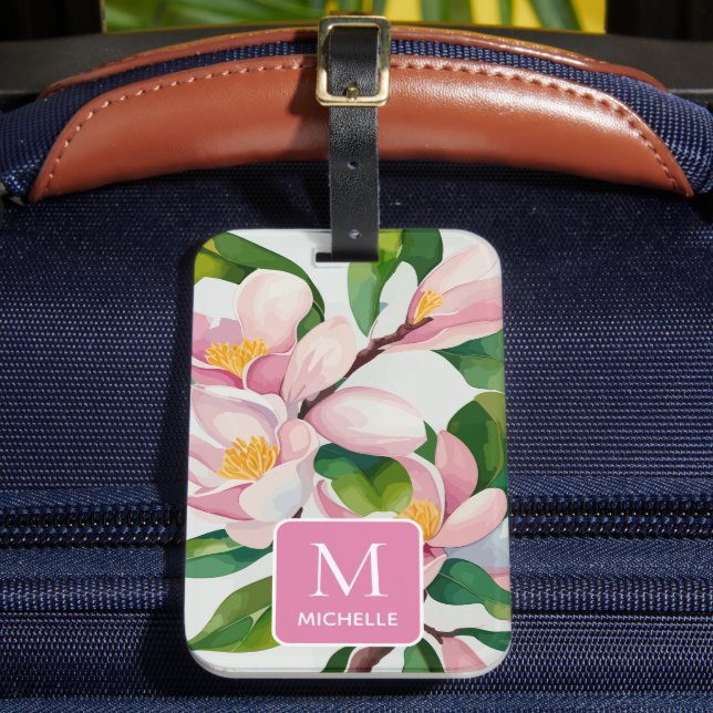 Magnolia Botanical Modern Art Pink Monogram Luggage Tag (Front Insitu 2)