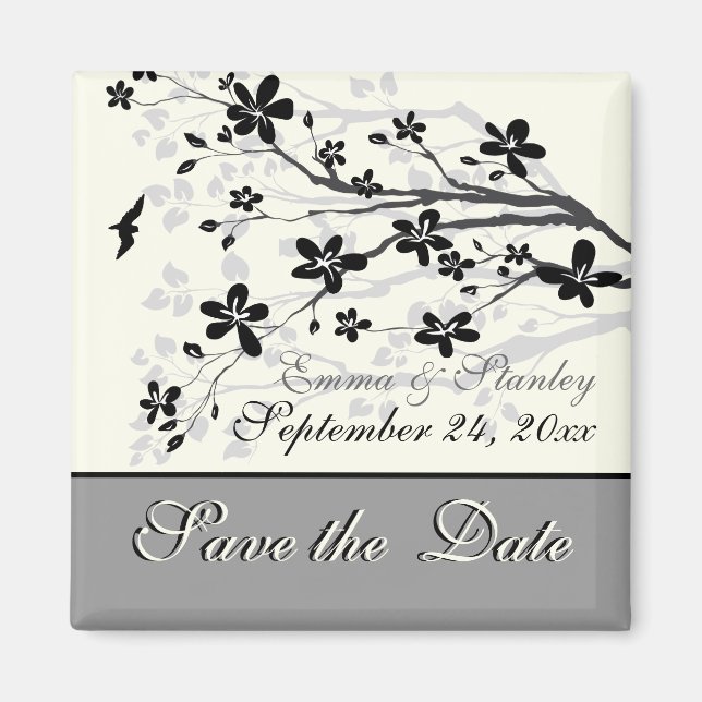 Magnolia branch black grey wedding Save the Date Magnet (Front)
