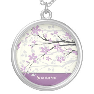 Magnolia branch purple flowers silver pendant