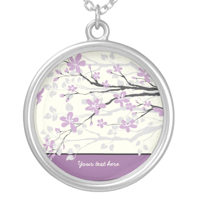 Magnolia branch purple flowers silver pendant (Front)