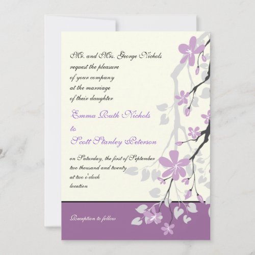 Magnolia branch purple flowers wedding invitation