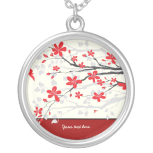 Magnolia branch with red flowers silver pendant