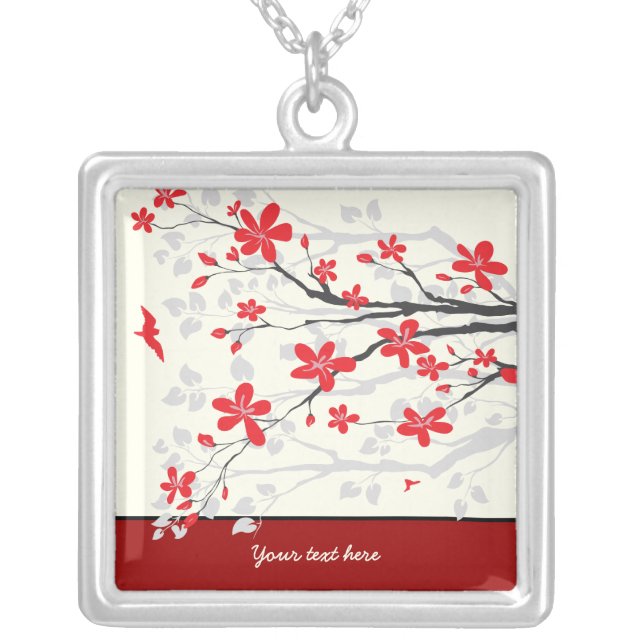 Magnolia branch with red flowers silver pendant (Front)