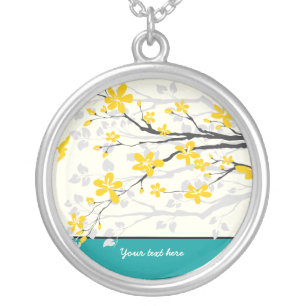 Magnolia branch yellow flowers silver pendant
