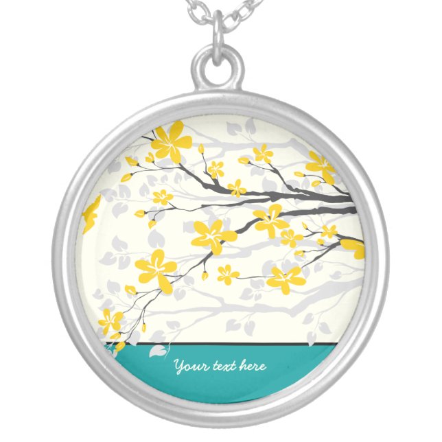 Magnolia branch yellow flowers silver pendant (Front)