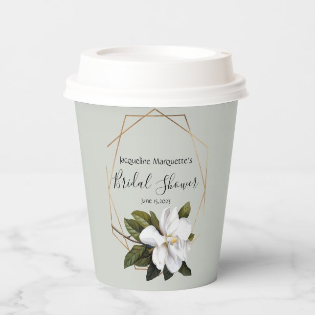 Magnolia Bridal Shower with Gold and Sage Paper Cups (Front)