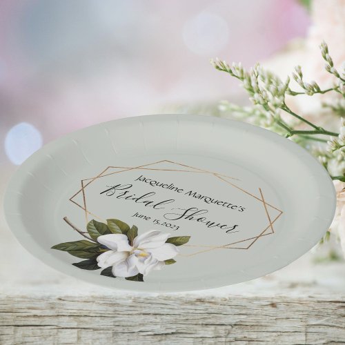 Magnolia Bridal Shower with Gold and Sage Paper Plates