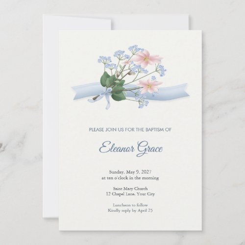 Magnolia Brunnera Ribbon Posy Baptism Invitation