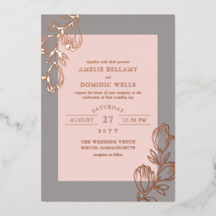 Magnolia Buds Blush Gray Rose Gold Wedding Foil Invitation
