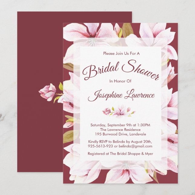 Magnolia Burgundy Floral Bridal Shower Invitations (Front/Back)
