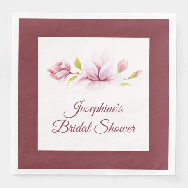 Magnolia Burgundy Floral Bridal Shower Paper Dinner Napkins (Front)