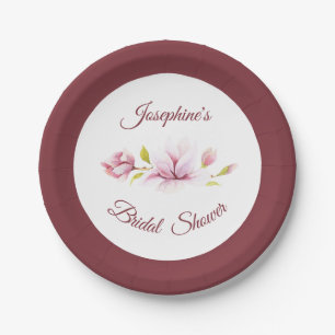 Magnolia Burgundy Floral Bridal Shower Paper Plates