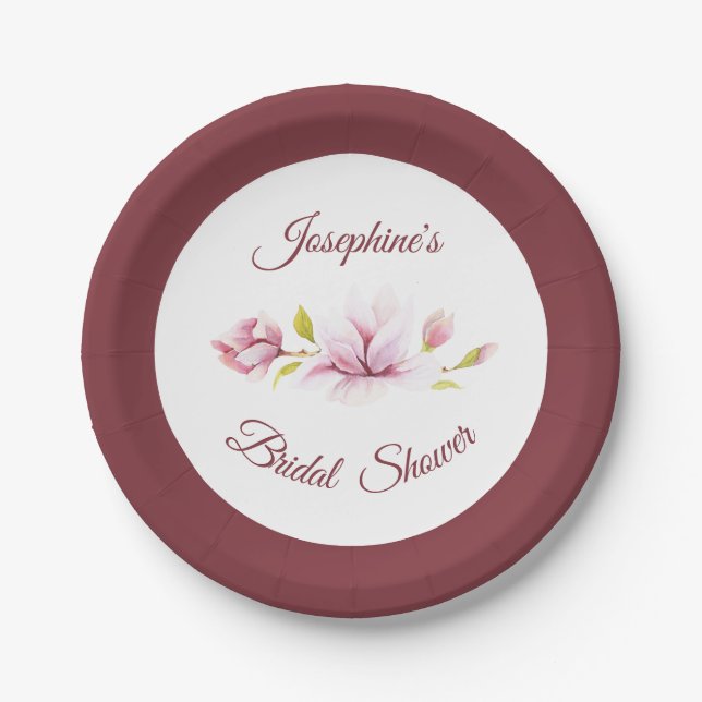 Magnolia Burgundy Floral Bridal Shower Paper Plates (Front)