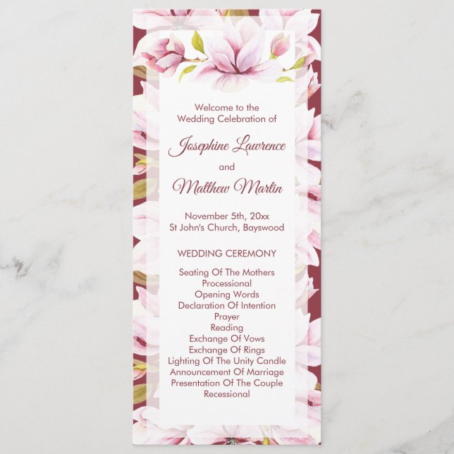 Magnolia Burgundy Floral Wedding Ceremony Program (Front)