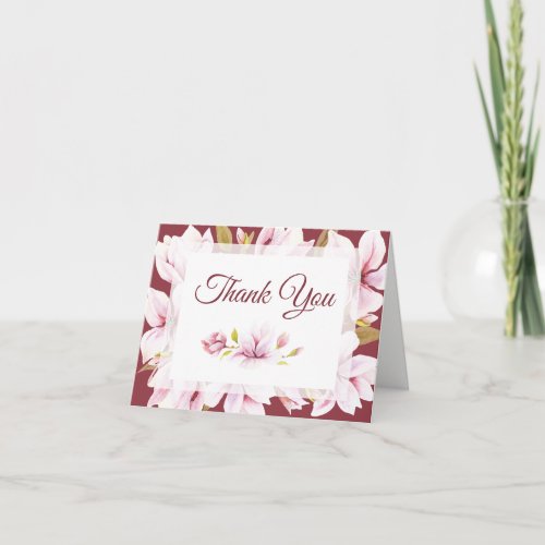 Magnolia Burgundy Watercolor Floral Thank You Card