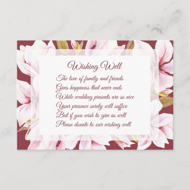 Magnolia Burgundy Wedding Wishing Well Cards (Front)
