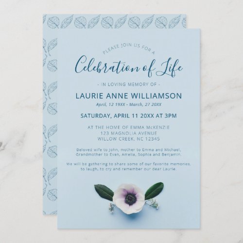 Magnolia Celebration of Life Floral Elegant Blue Invitation