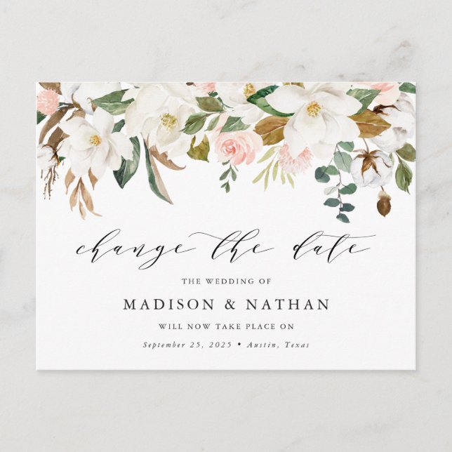 Magnolia Change The Date Wedding Postponement Announcement Postcard (Front)