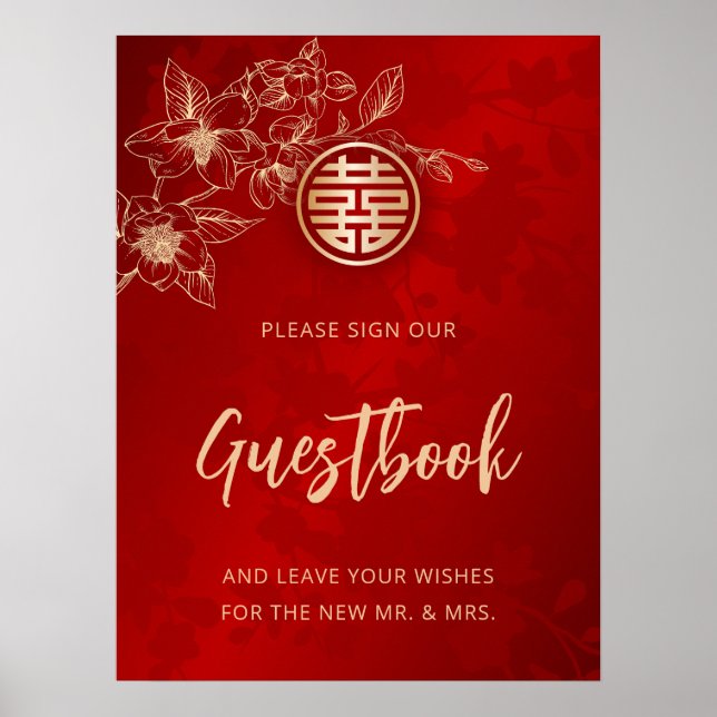 Magnolia Chinese Wedding Red Floral Guestbook (Front)