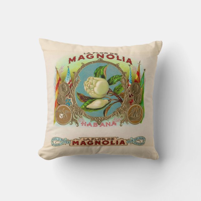 Magnolia Cigar Box Label Throw Pillow (Front)