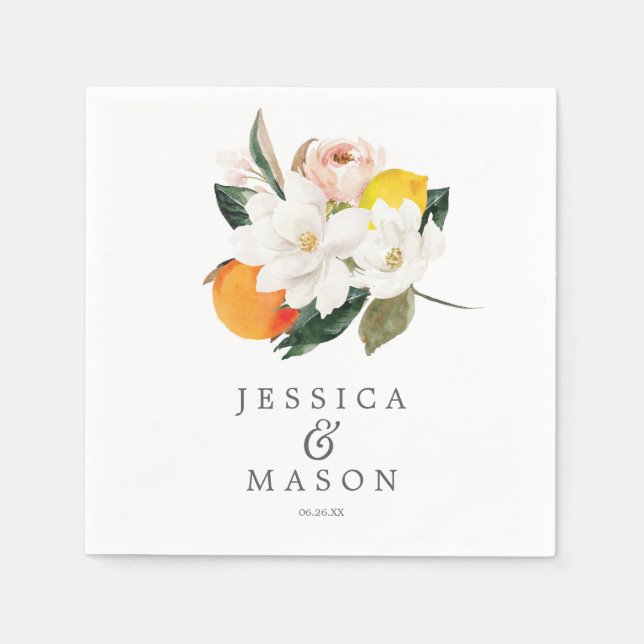 Magnolia Citrus Wedding Napkin Cocktail Napkin (Front)