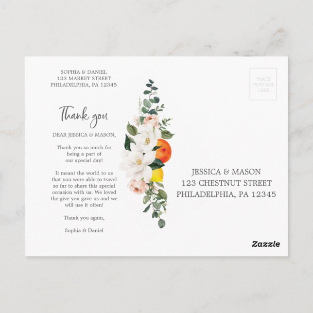 Magnolia Citrus Wedding Thank You Postcard (Back)
