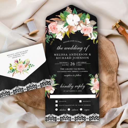 Magnolia Cotton Blush Pink Floral Black Wedding All In One Invitation
